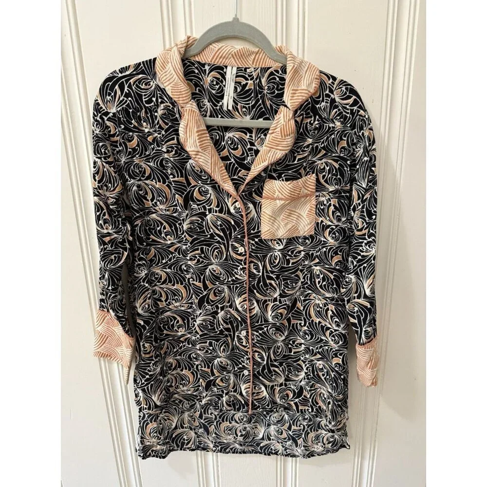 Anthropologie‎ Mix Print Pajama Top XXS Black women’s button up
